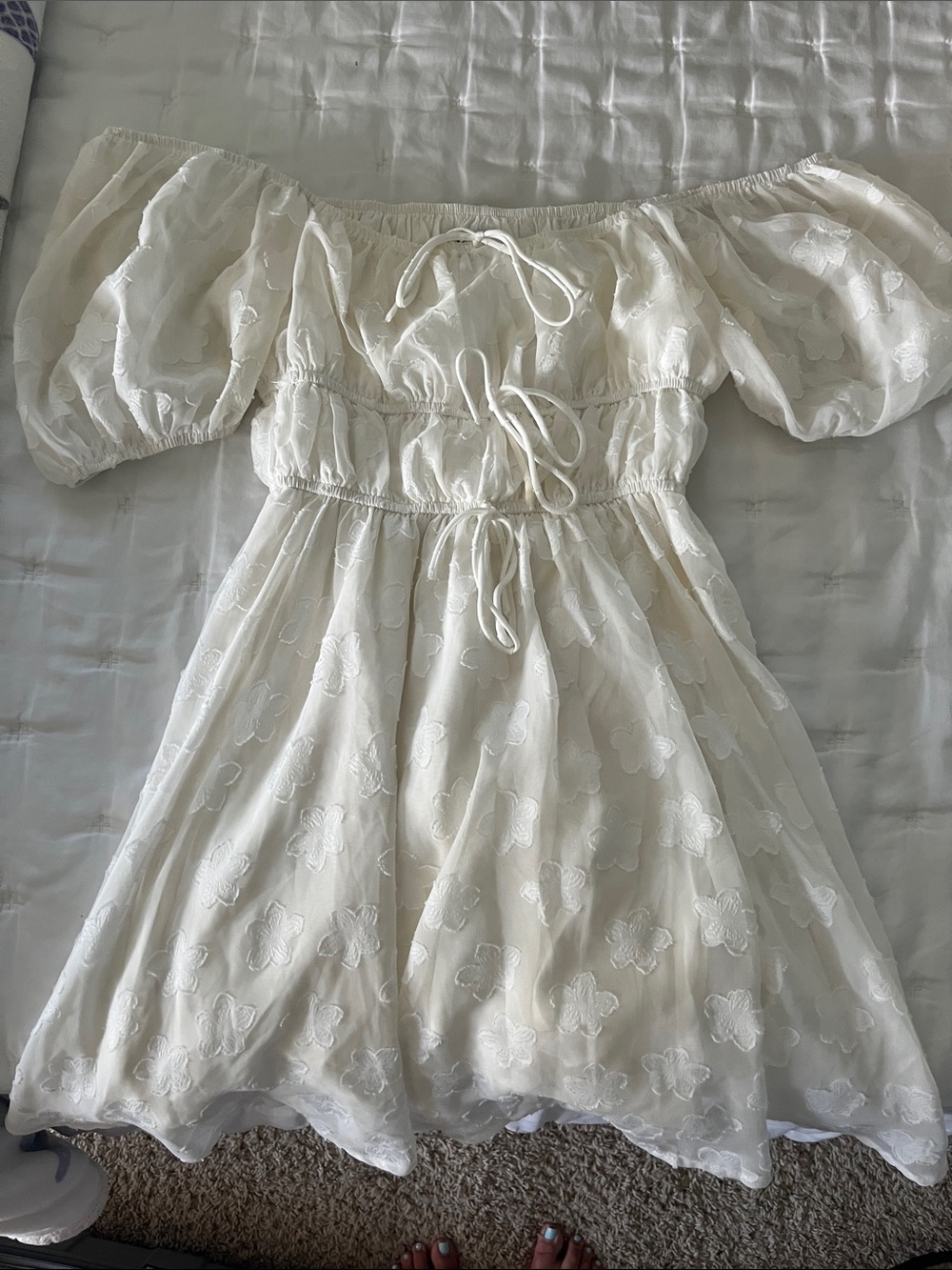 Prince Cream Puff-Sleeve Floral Embroidered Dress